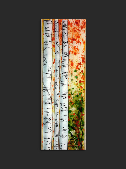 The 'A l'Orange' wall piece by Kathi D. Dougherty portrays warm orange colors in Aspen tree trunks in fused glass.  10" x 30".

Shop now or call to speak with a sales associate for additional assistance.  
Earthwood Collections, 970.586.2151