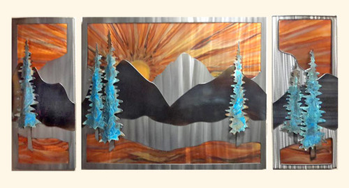 This stunning mountain sunrise scene is created by Greg Gowan. The triptych is created from multiple layers of brushed and torch colored steel and copper. Tall Pine trees of patina copper add drama and interest in this 30" x 62" three piece design.