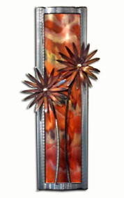 This 'Crazy Dazys' wall flower copper back panel by Greg Gowan is made from torch cut copper and steel. Dimensions: 7" x 24" x 3" with two flowers.