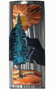 Mountain sunrise side panel solo scene with one tree created by Greg Gowan. One tall Pine tree of patina copper adds drama and interest in this 12" x 24 x 2.5" one panel design. 