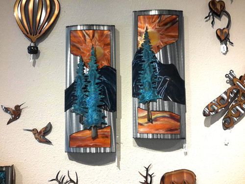 Mountain sunrise side panel solo scene by Greg Gowan.  Available with either one or two tall Pine trees of patina copper in this 12" x 24 x 2.5" one panel design. 