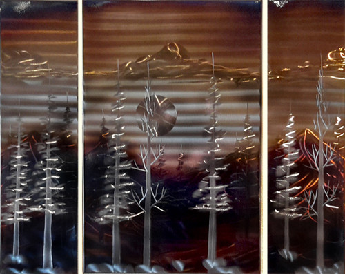 The Rocky Mountain Trio by Michael J. Krob.  This triptych is created entirely by hand from raw steel. The dimensions are approximately 34"W x 41"H. 
CALL for current photos of on hand pieces. TORCH COLORED