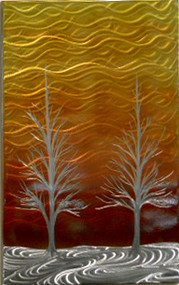 Winter Solstice in Orange and Red by Michael J. Krob.  This wall piece is created entirely by hand from raw steel. The dimensions are approximately 34"W x 22"H. Even though the artist follows the same style of creation, each new fabrication will be a one of a kind. COLOR TREATED.