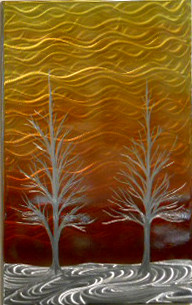 Winter Solstice in Orange and Red by Michael J. Krob.  This wall piece is created entirely by hand from raw steel. The dimensions are approximately 34"W x 22"H. Even though the artist follows the same style of creation, each new fabrication will be a one of a kind. COLOR TREATED.