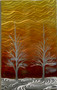 Winter Solstice in Orange and Red by Michael J. Krob.  This wall piece is created entirely by hand from raw steel. The dimensions are approximately 34"W x 22"H. Even though the artist follows the same style of creation, each new fabrication will be a one of a kind. COLOR TREATED.