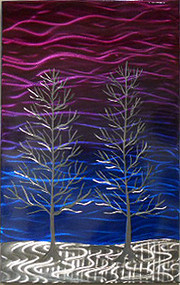 Winter Solstice in Blue and Purple by Michael J. Krob.  This wall piece is created entirely by hand from raw steel. The dimensions are approximately 34"W x 22"H. Even though the artist follows the same style of creation, each new fabrication will be a one of a kind. COLOR TREATED.