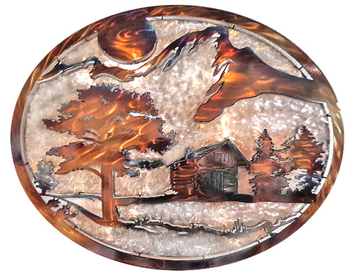 2D Mountain Cabin Oval by Michael J. Krob.  30"W x 20"H. Even though the artist follows the same style of creation, each new fabrication will be a one of a kind.