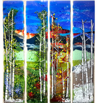 Four Seasons - 'The Mountains are calling me' 4 piece set by Kathi D Dougherty portrays all the seasons in individual panels to create a dramatic scene in fused glass. Each panel measures 6" x 30". These are all one-of-a-kind. Please call the gallery for current inventory and pictures, 970-577-8100