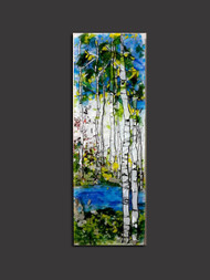 In the 'Hope of Spring' wall piece by Kathi D. Dougherty you discover a hidden pool in the middle of the Aspen grove.  10" x 30".