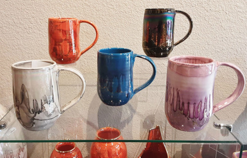 Mugs by Bruce Fairman, Glaze Colors L to R: Desert Sand, Cinnamon, Irid Blue, Irid Black, Irid Pink 