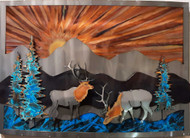 This Rocky Mountain Elk scene is created by Greg Gowan. This panel is created from multiple layers of brushed and torch colored steel and copper. Tall Pine trees of patina copper add drama and interest in this 30.5" x 22.5" design.