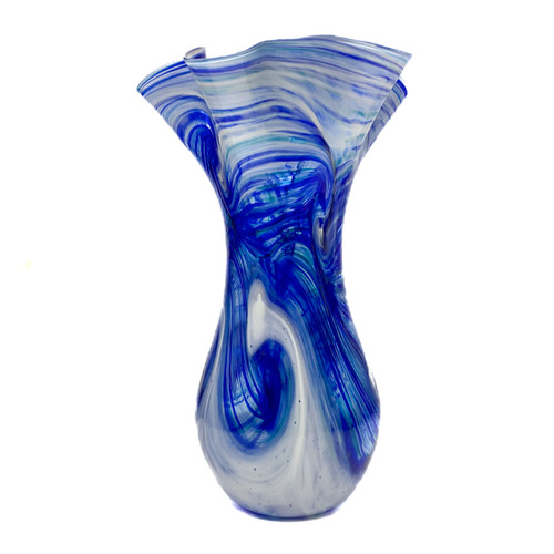 Large "Fluted Hand Blown Glass Vase" in Ocean Spray design by Dottie Boscamp 12" H x 8" W