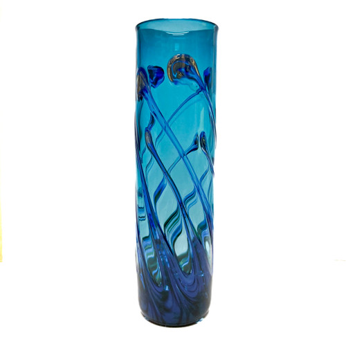 Large Hand Blown "Glass Cylinder Vase" in LP Teal design by Dottie Boscamp 12" H x 4" W