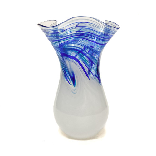 Small Hand Blown "Vase Fluted Small White Wave" by Dottie Boscamp 7 1/2" H x 5 1/2" W x 5 1/2" D