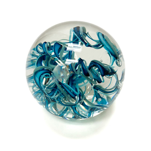 Small Hand Blown "Paperweight Abstract Small Teal" by Dottie Boscamp 3" H x 3 1/2" W x 3 1/2" D