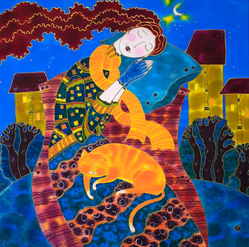 "Cozy Winter Nap", Silk Painting  by Yelena Sidorova