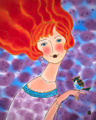 "Spring Wind Blue Jay", Silk Painting  by Yelena Sidorova