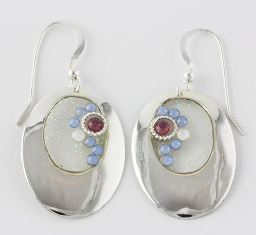  "Earrings Oval Cutout W/ Crystal Opal" by Ann Carol Jewelry based in Boundbrook, NJ. Each piece is made with sterling silver and accented with hand painted enamel designs.

 