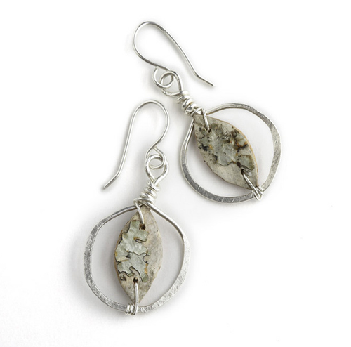 CAW4 Calder Hammered Silver Earrings by Tessoro Jewelry, natural birchbark, hand hammered sterling silver, sterling silver ear wires, 1 1/4" x 3/4".