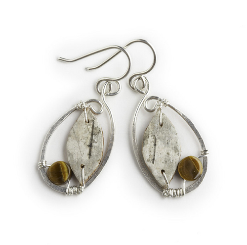 CAW5 Calder Oval Tiger Eye Earrings by Tessoro Jewelry, natural birchbark, hand hammered sterling silver and tiger eye, sterlign silver ear wires, 1 3/8" x 3/4".