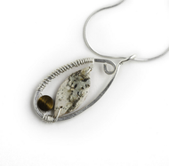 CAN6 Calder Tiger Eye Necklace by Tessoro Jewelry, natural birchbark, hand hammered sterling silver, tiger eye, sterling silver snake chain 18", 1 3/4" x 3/4" pendant.