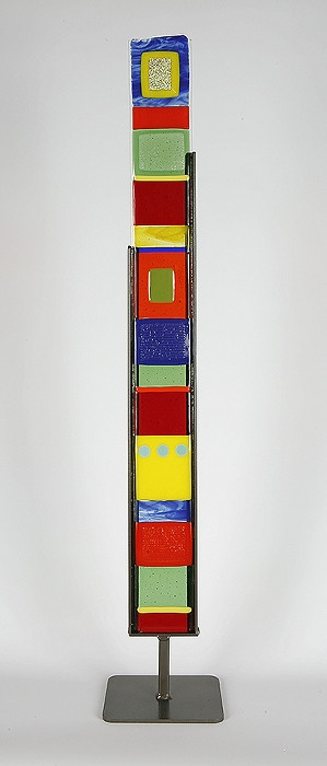 Small Standing Totem in Black and White by Hands On Art Glass. 3"x27", fused glass in a grey metal stand. Please call our galleries to see which pieces are currently on hand. 
