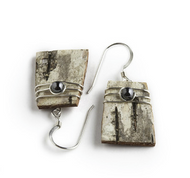 IPSW Classic earrings by Tessoro Jewelry, natural birchbark, hematite and sterling silver wrap, sterling silver ear wires, 3/4" x 1/2".
