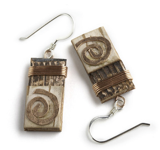 17W Classic Copper Swirl by Tessoro Jewelry, natural birchbark, recycled copper and hand hammered copper, sterling silver ear wires, 1" x 3/8".