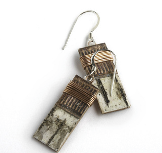 1W Classic Wrap by Tessoro Jewelry, natural birchbark, recycled copper, copper wire wrap, sterling silver ear wires, 1" x 3/8". 
