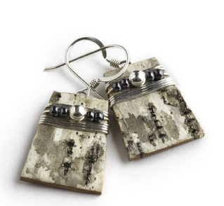 18W Classic Hematite with Silver Wrap by Tessoro Jewelry, natural birchbark, sterling silver and hematite, sterling silver ear wires, 3/4" x 1/2". 