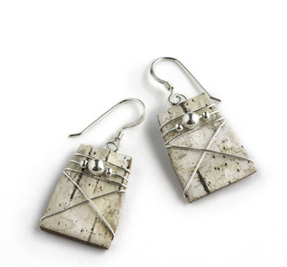 6W Classic Silver X Wrap by Tessoro Jewelry, natural birchbak, sterling silver beads and wrap, sterling silver ear wires, 3/4" x 1/2". 
