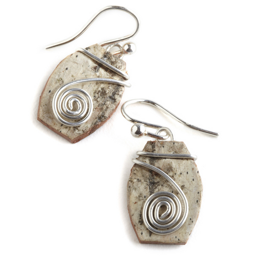 CW1 Classic Contempo Swirl by Tessoro Jewelry, natural birchbark, sterling silver, sterling silver ear wires, 3/4" x 1/2". 
