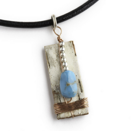 TN3 Turquoise and Copper Wrap Necklace by Tessoro Jewelry, natural birchbark, turquoise and sterling silver beads, copper wrap, black leather cord 17", pendant 1 1/4" x 3/8".  