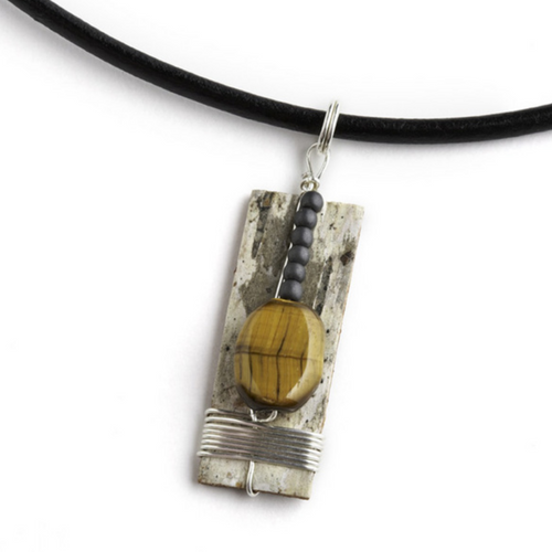 TEN2 Sienna Hematite and Tiger Eye Necklace by Tessoro Jewelry, natural birchbark, hematite and tiger eye, sterling silver wrap, black leather cord 17", pendant is 1 1/2" x 1/2".  