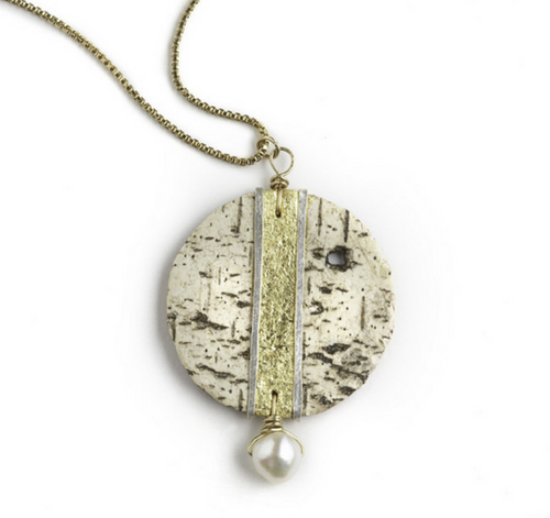 EN13 Estruscan Circular Pearl and Gold Leaf Necklace by Tessoro Jewelry, 23k gold leaf on natural birchbark, hand hammered sterling silver, freshwater pearl, vermeil box chain 24", pendant is 1 3/4" x 1 34".  