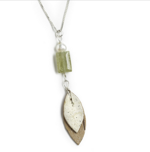 GN7 Salon Grossular Garnet and Pearl Leaf Necklace by Tessoro Jewelry, natural birchbark, grossular garnet and freshwater pearl, sterling silver box chain 18", pendant is 2 1/4" x 1/2".  