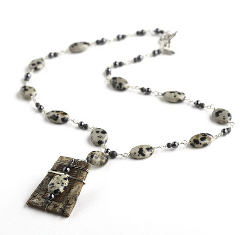 SHOWJ Sienna Dalmatian Jasper Necklace by Tessoro Jewelry, natural birchbark pendant, recycled copper,hand hammered sterling silver, dalmation jasper and hematite linked with sterling silver, sterling silver toggle clasp 18", pendant is 1 3/4" x 1". 