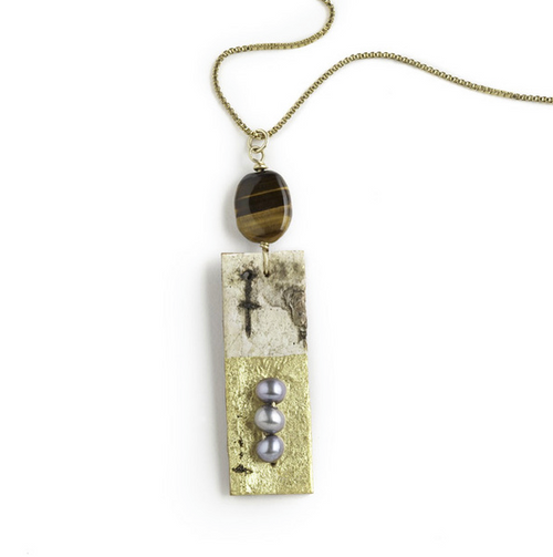 EN11 Rectangular Gold Leaf Necklace by Tessoro Jewelry, 23k gold leaf on natural birchbark, tiger eye and freshwater pearls, vermeil box chain 18", pendant is 2" x 1/2". 