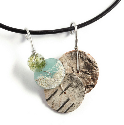 AMN17 Roman Glass Necklace by Tessoro Jewelry, natural birchbark, ancient roman glass, hand hammered sterling silver, black leather cord 17", pendant is 2" x 1 1/2". 