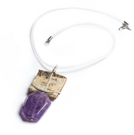 QAN3 Salon Amethyst Necklace by Tessoro Jewelry, natural birchbark, hand hammered sterling silver, purple amethyst, clear rubber cord 17", pendant is 3" x 9/8". 