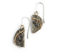 MW1 Classic Moon Hematite and Copper Earrings by Tessoro Jewelry, natural birchbark, hand hammered copper and hematite, sterling silver ear wires, earrings are 3/4" x 1/2". 