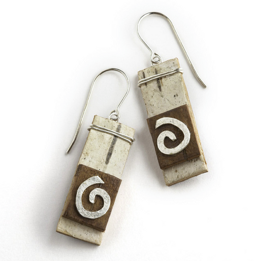 NOW2 Classic Nordic Swirl Earrings by Tessoro Jewelry, natural birchbark, hand hammered sterling silver, sterling silver ear wires, earrings measure 1 1/8" x 3/8". 