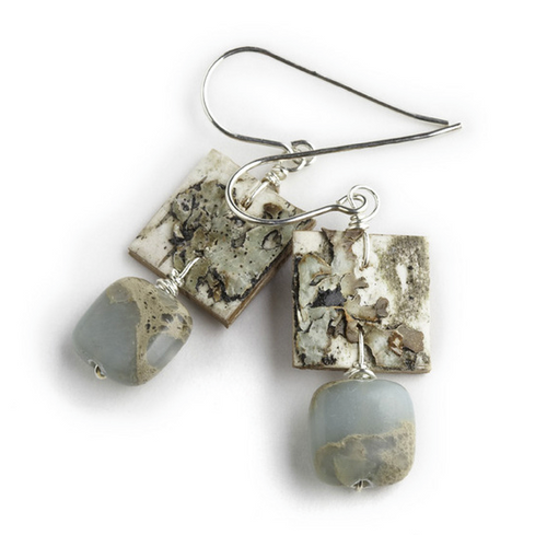 AW9 Ancient Impression Jasper Earrings by Tessoro Jewelry, natural birchbark, impression jasper, sterling silver ear wires, earrings are 1" x 1/2". 