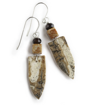 AW10 Ancient Fossilized Coral and Garnet Earrings by Tessoro Jewelry, natural birchbark, fossilized coral and garnet, sterling silver ear wires, earrings are 1 1/2" x 1/2". 