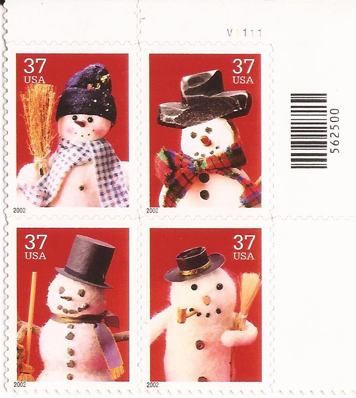 US Stamp 2002 Christmas Snowmen Plate Block of 4 Stamps 36769