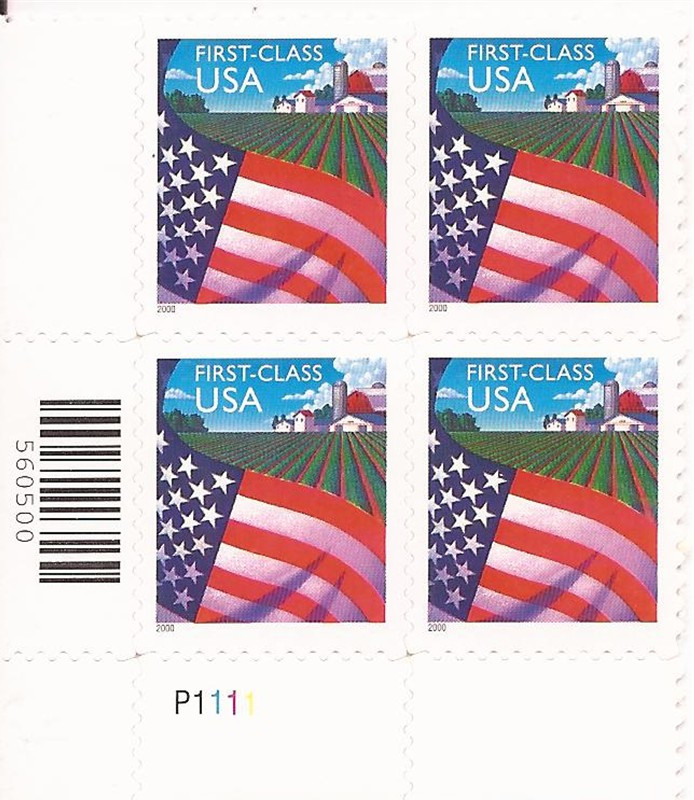 US Stamp 2000 Flag Over Farm Plate Block of 4 Stamps Scott 3449