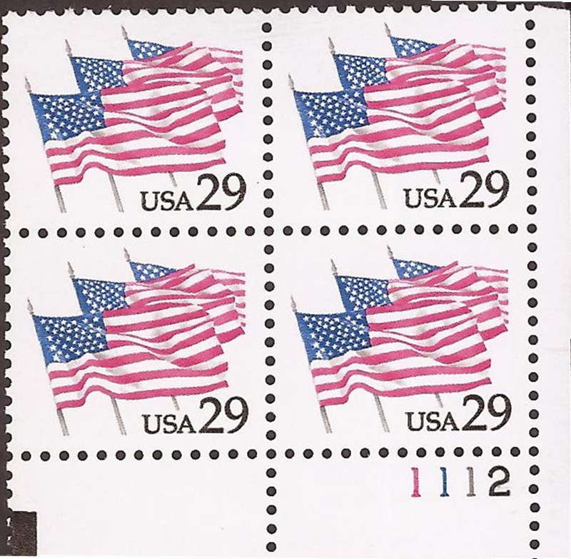 US Stamp 1991 29c American Flags Plate Block of 4 Stamps 2531