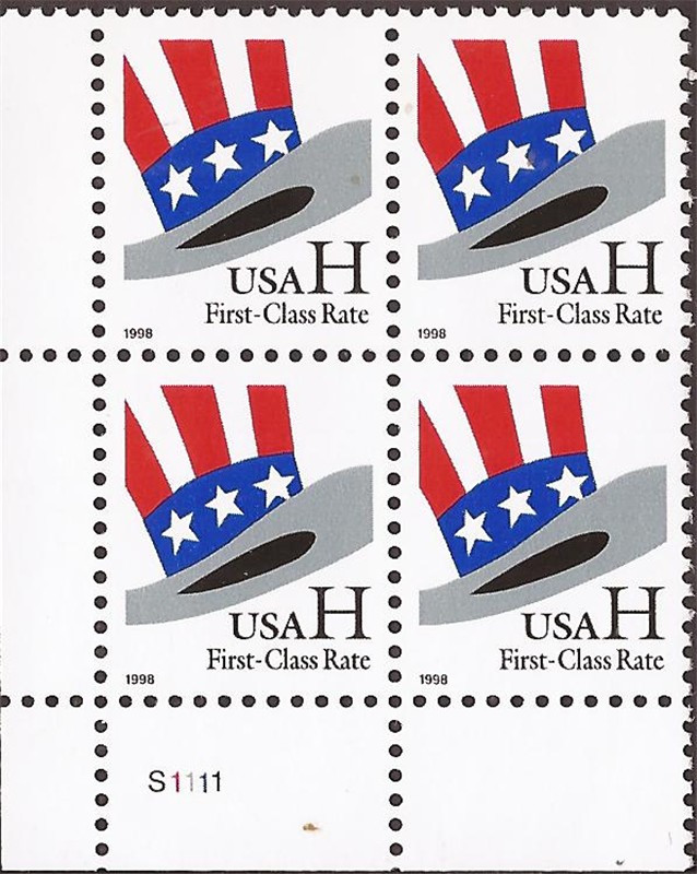US Stamp 1998 (33c) Uncle Sam Hat H Rate 4 Stamp Plate Block 3260