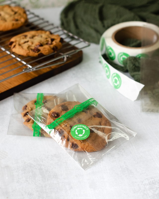 Cookies in compostable cellophane with compostable label