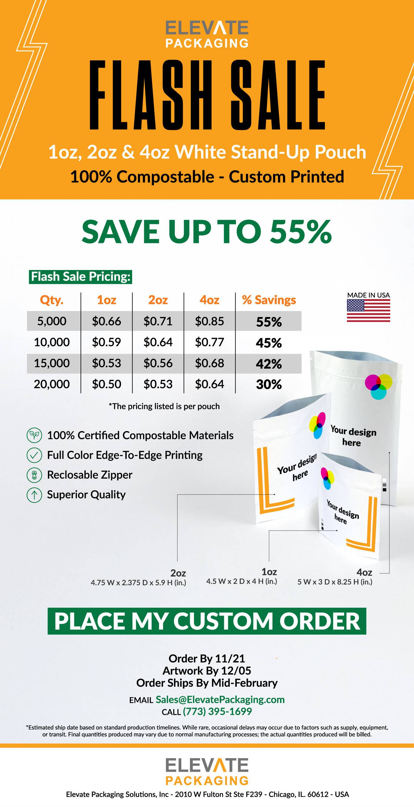 Flash Sale Pricing - Custom Printed Compostable Pouches